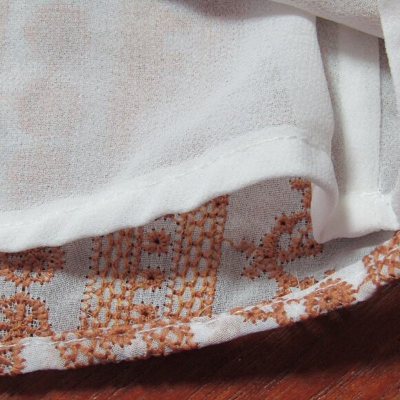 Calvin Klein Top Sz L White Golden Brown Embroidered Stripe Balloon Slv Peasant - Picture 9 of 12